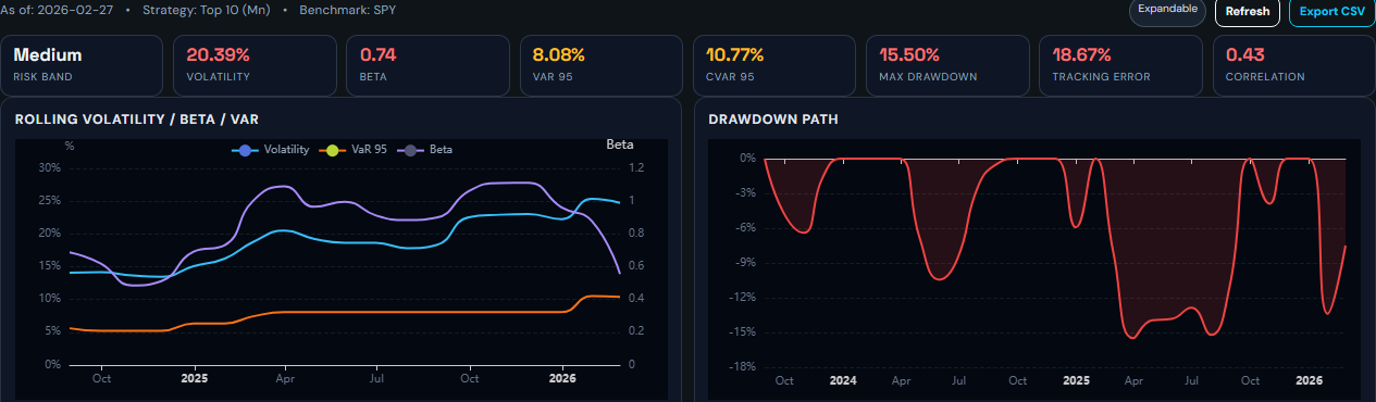 Risk summary cards and top risk charts showing how aggressive the strategy is at a glance